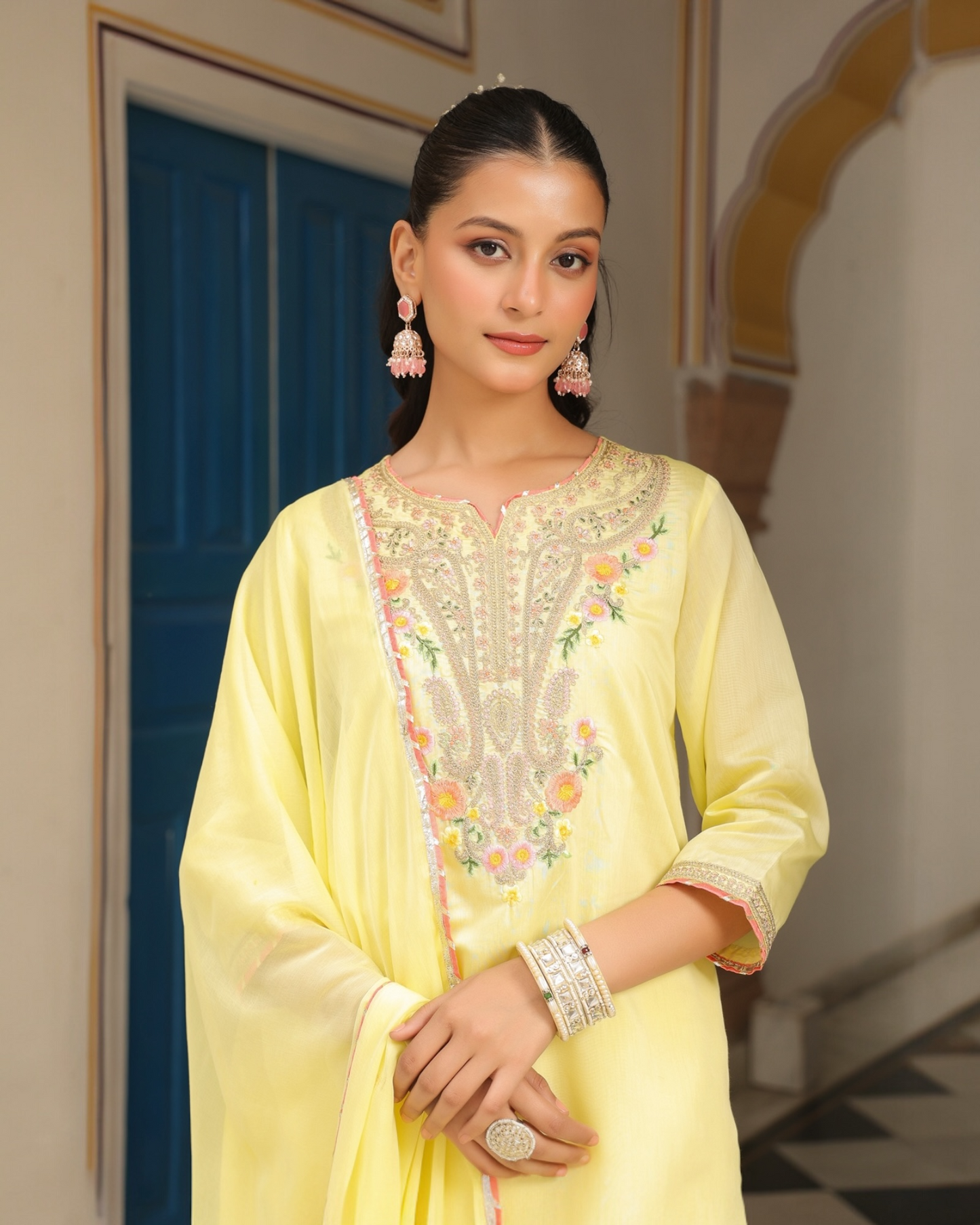Halki Peeli Chanderi Kurta Set with Floral Embroidery | PARRII